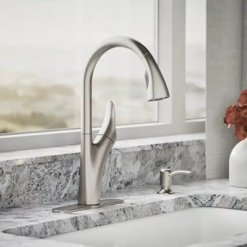 KOHLER Touchless Automatic Sensor Kitchen Tap Complete Kit - Assembled Single-Handle Pull-Down Dual Spray Head Swing Spout Faucet with Soap Dispenser, 1.5 GPM Flow, 4.14 Bar, Model 1pr32323-sd-vs-aa, Brushed Nickel for Busy Kitchens
