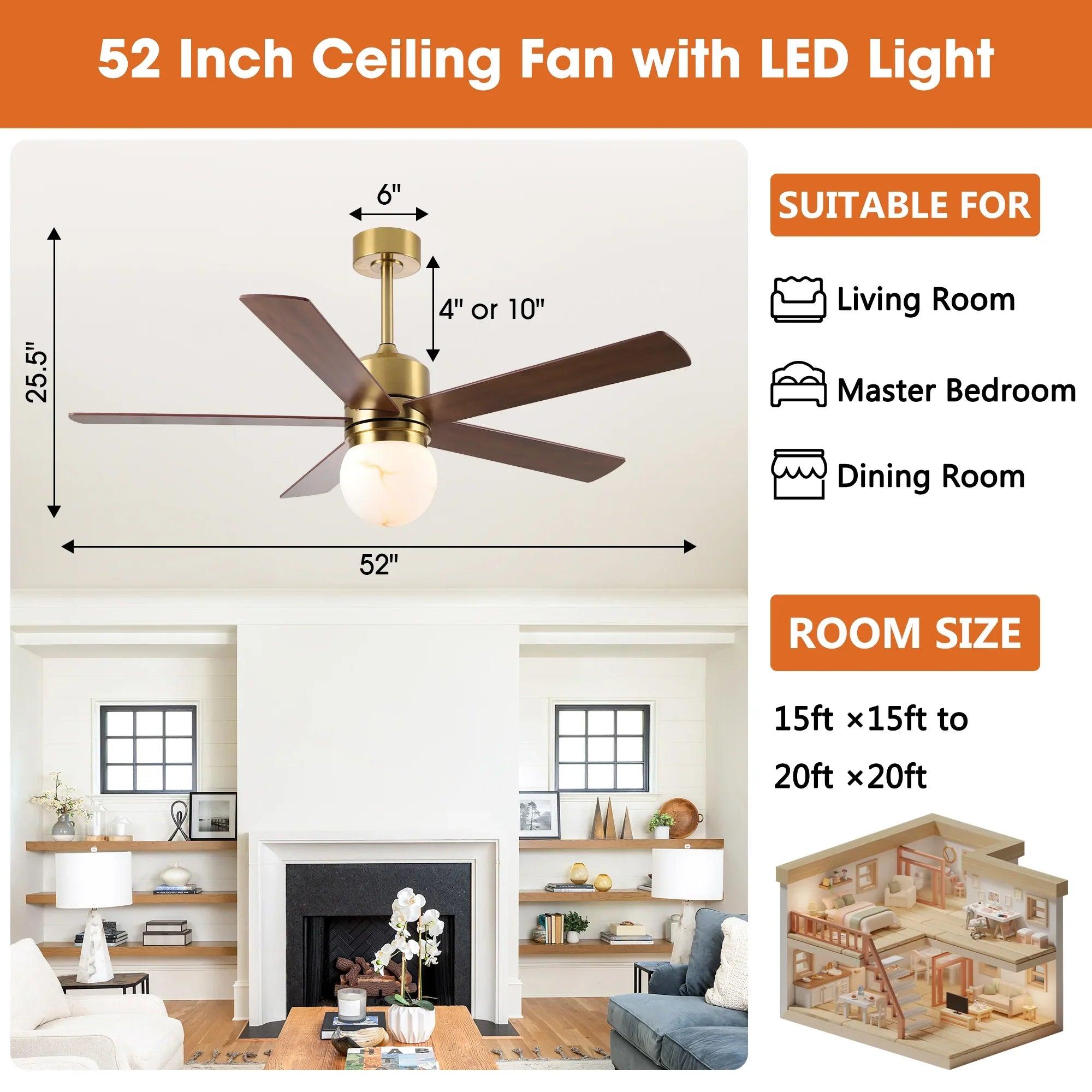 Alva 52 Inch LED Ceiling Fan with Double-Sided Blades, Downrod Mount, Reversible Quiet Motor & Remote Control