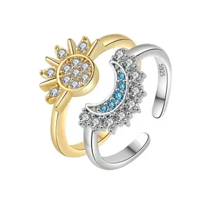 Minimalist Sun Moon Rings for Women – Stackable Diamond Accent Open Band, Sterling Silver Celestial Stack Rings