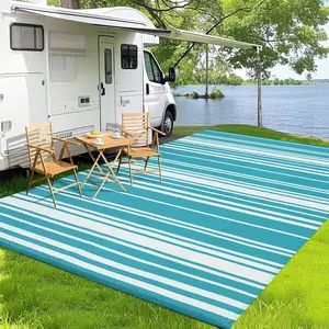Multiple Size Waterproof Outdoor Door Mat Rug   – Reversible Plastic Straw, UV Resistant, Lightweight, Easy to Clean – Perfect for Patio, Porch, Deck, Balcony, RV, Camping – Blue