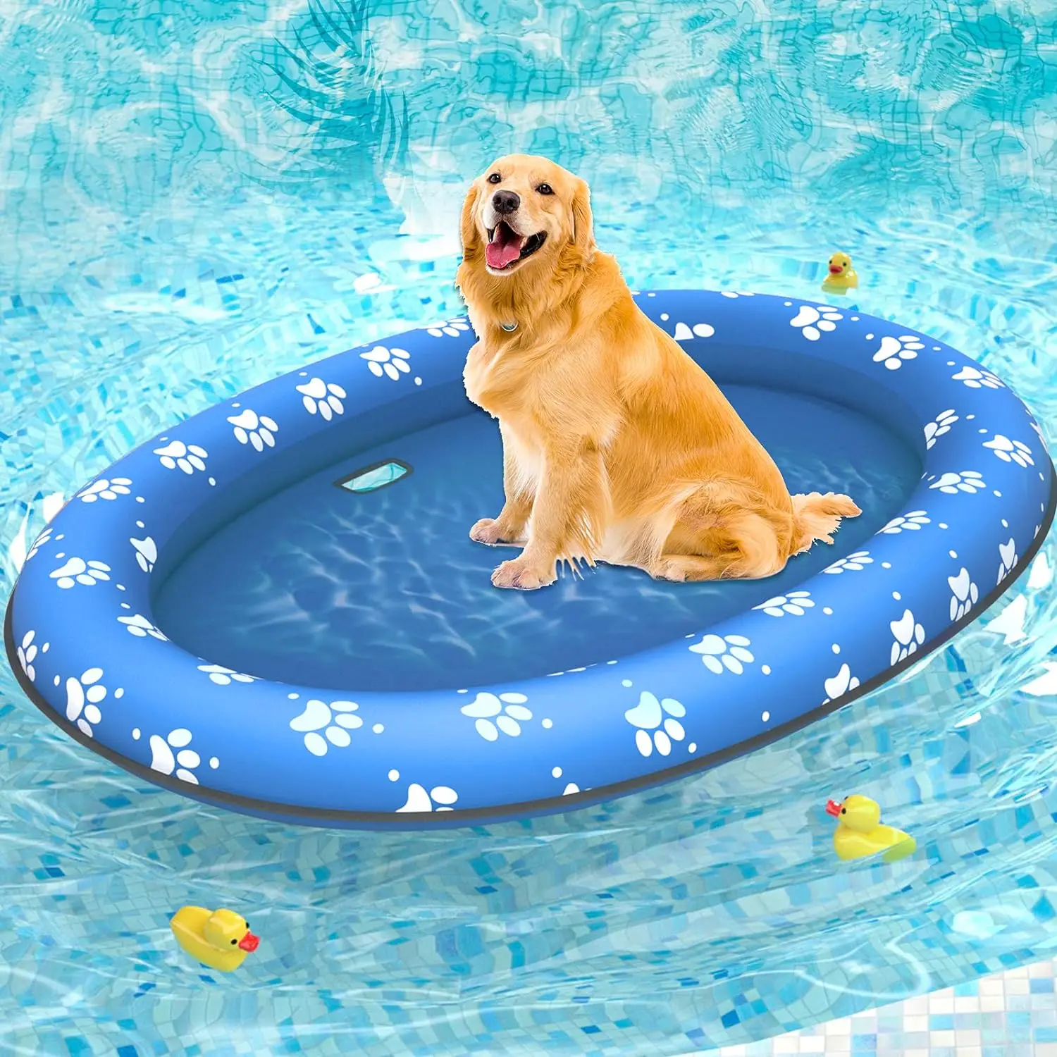 Fun Inflatable Dog Water Float Raft - Large Blue Paw Design, Portable Pool Floater with Sturdy Fabric Covering, Summer Cooling Pet Toy for Small, Medium, Large Dogs