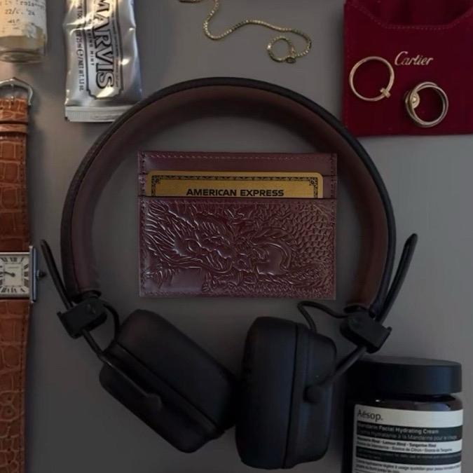 Ryuu Maroon Genuine Leather Card Holder with Embossed Japanese Dragon Design 4 Card Slots 1 Cash Slot Trifold Wallet Solid Color RFID Anti-Theft