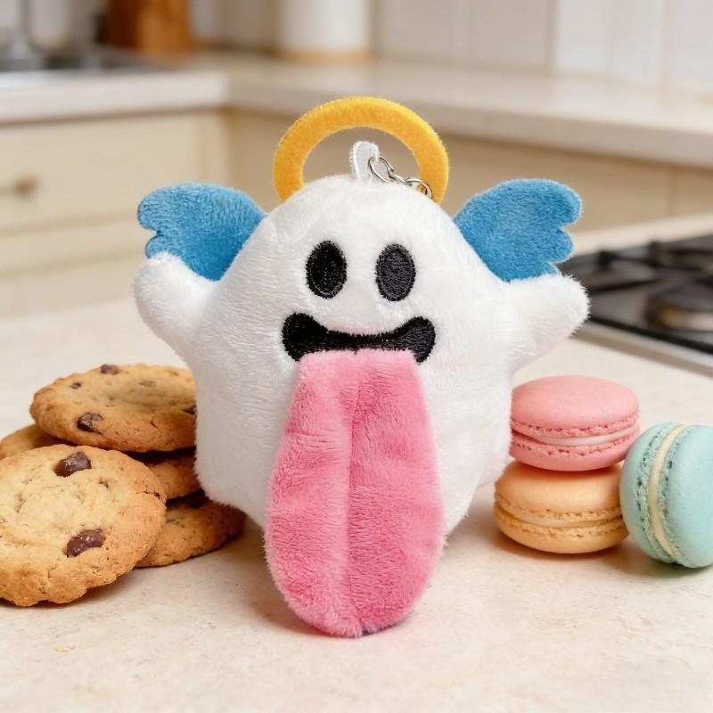 2026 Plush Keychain of Quirky Angel Ghost Design, Soft Furry Texture with Halo and Blue Wings, Funny Long Tongue for Cute Accessory Lovers