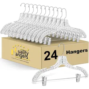 Quality Clear Plastic Skirt Hangers - 24 Pack Crystal Cut Pants Dress Durable Plastic Hanger Set with Adjustable Clips - Heavy Duty Hangers