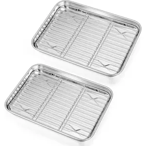 10.4 + 9 Inch Toaster Oven Pans with Racks, 4 Pieces Stainless Steel Oven Tray Baking Pan Sheet and Cooling Rack for Oven Cooking Roasting, Non Toxic & Dishwasher Safe