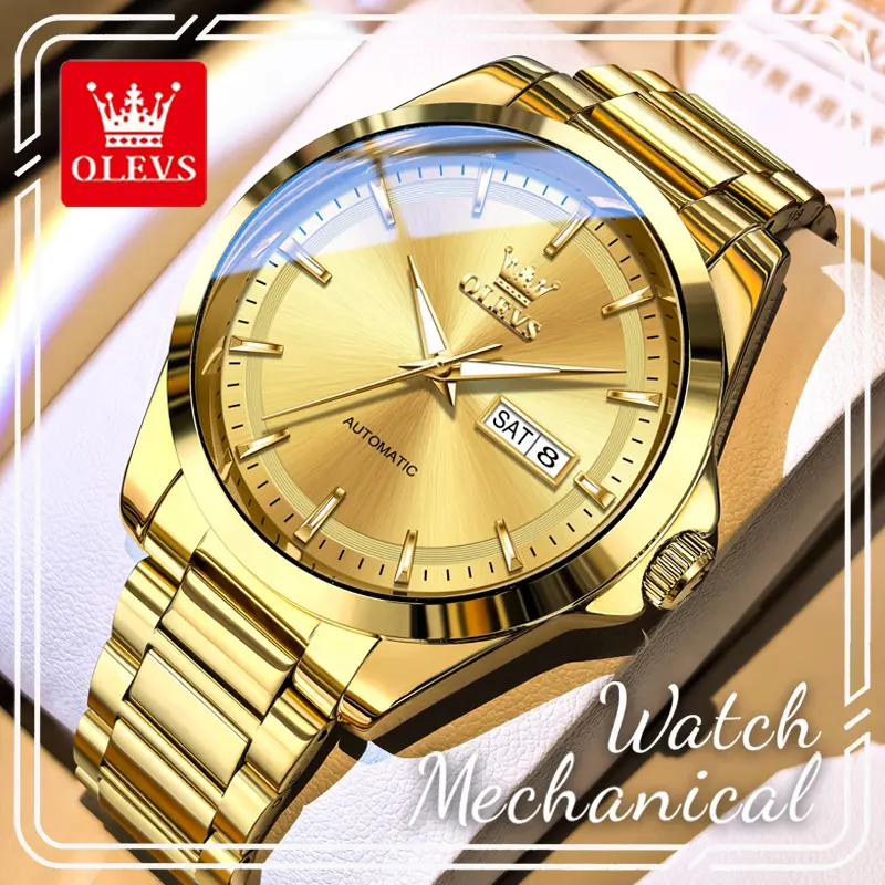 OLEVS 7090 Men Premium Business Automatic Mechanical Watch, Full Gold Metal Link Bracelet, Golden Sunburst Dial, Luminous Hands, Day & Date Dual Calendar, 3ATM Daily Splash Resistant Formal Dress Wristwatch, Elegant Gift For Father’s Day, Husband & Dad