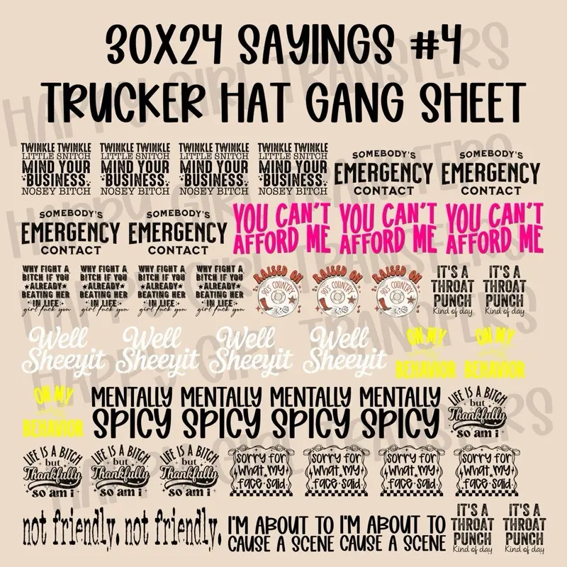 30x24 pre made DTF Sayings #4 trucker hat gang sheet