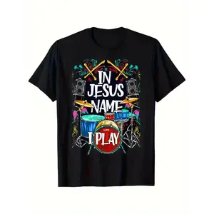 Sewnary Boys' Christian Drummer T-Shirt -  & God Theme with Drum Set Graphic, Tee for Christian Drummers Boys and Girls T-Shirt Spring/Summer Comfortable and Easy Going Round Neck T-Shirt Boys Design Breathable Popular Appeal Best Gift for Kids (3-13Y)