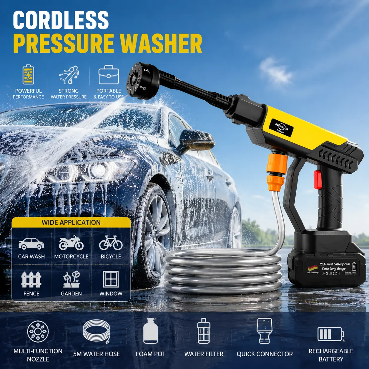 Cordless High Pressure Handheld Power Cleaner Gun - 6-in-1 Nozzle, Rechargeable Batteries, Car Wash Kit for Cars, Windows, Outdoor Cleaning PressureWasher CordlessWasher CarWash CarDetailing, Pressure Washer