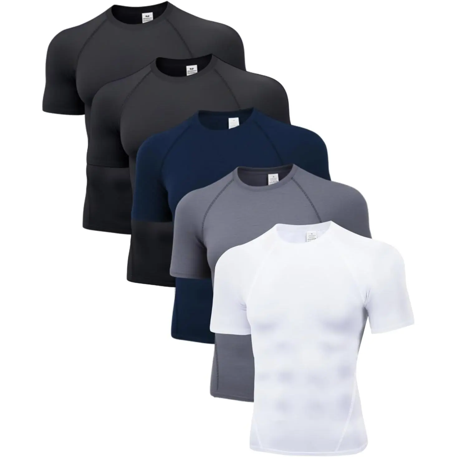 Men's 5-Pack Short Sleeve Compression Athletic Undershirts - 4-Way Stretch Polyester Mix, Snug Fit, Quick Drying, Breathable, UPF Protection Rash Guard Base Layer, Prevents Strains & Sprains, Reduces Post-Workout Soreness, All Seasons for Gym, Cycling