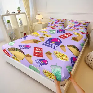 Taco Clock Breakfast Print Bedding Set, Colorful Mexican Food Pattern, Soft Microfiber Elastic Deep Pocket, Background Snack Print