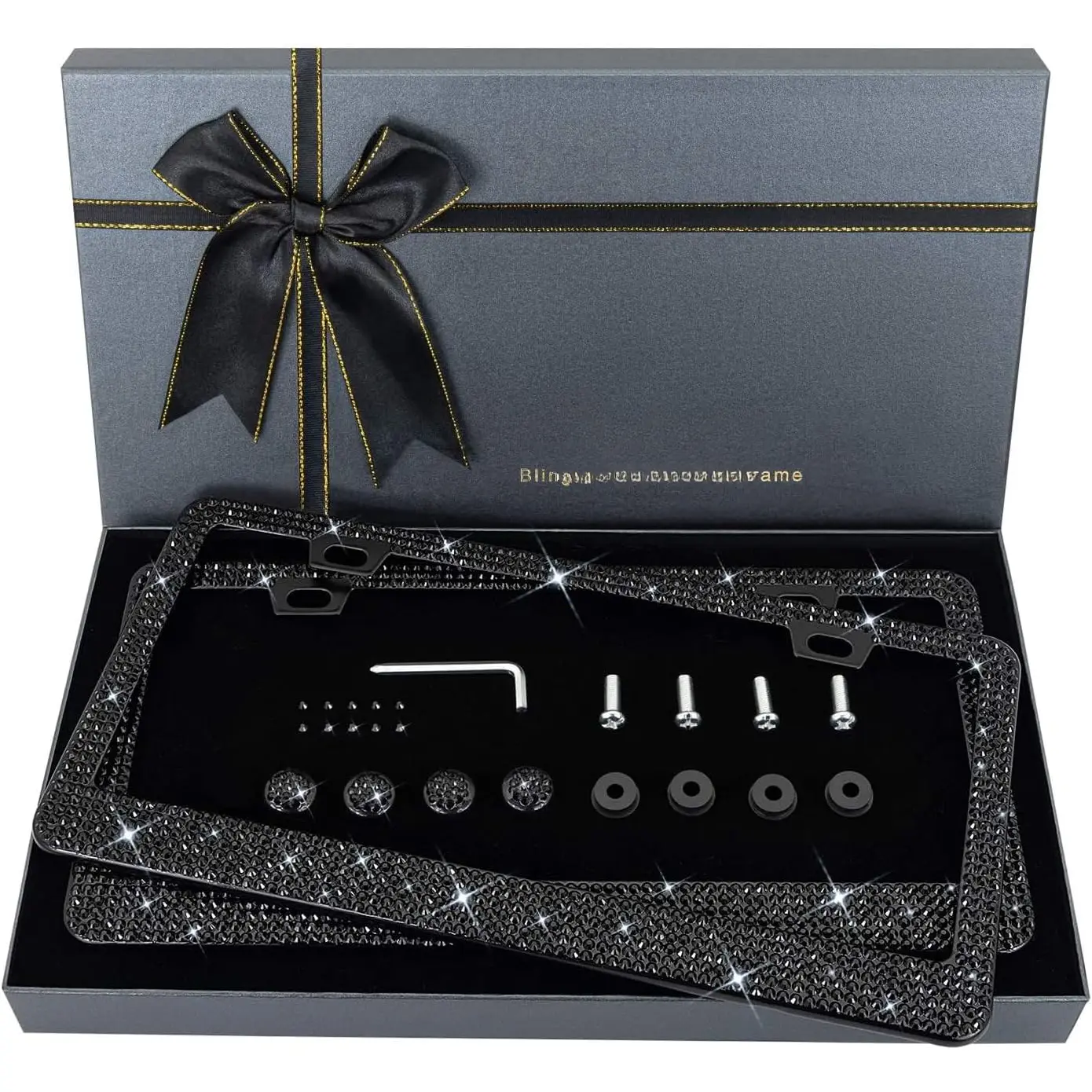Bling License Plate Frame for Women - 2 Count with Bedazzled Clear Glass Rhinestone, Free Glitter, Black Box