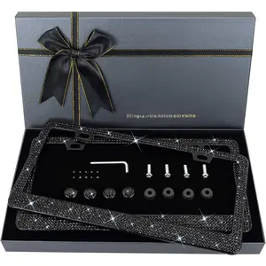 Bling License Plate Frame for Women - 2 Count with Bedazzled Clear Glass Rhinestone, Free Glitter, Black Box