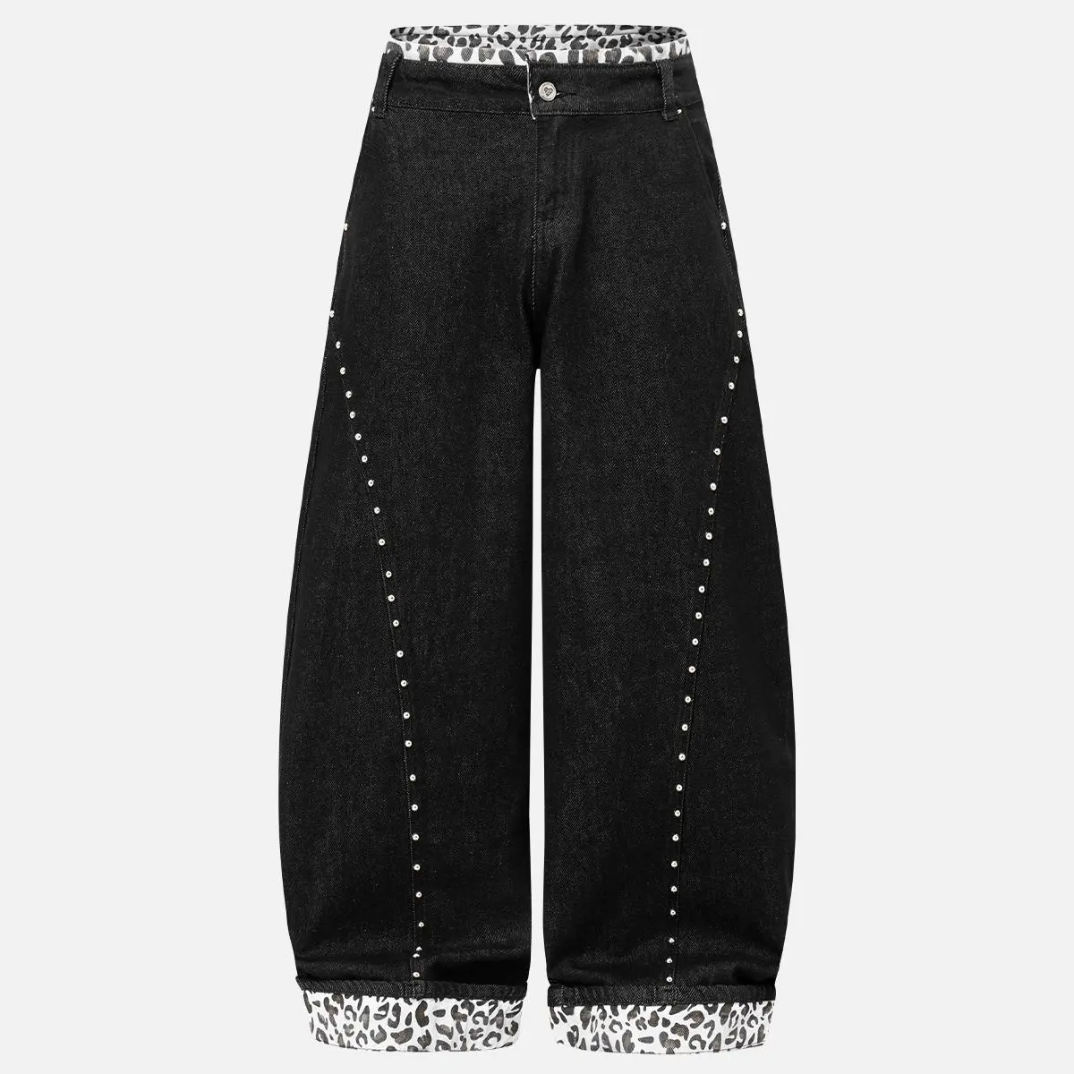Aelfric Eden Leopard Print Studded Wide Leg Jeans Leopard Print Paneling Side Stud Embellishments Oversized Wide Leg Fit Heavyweight Denim Fabric Unisex Streetwear Jeans