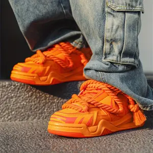 UYCEKK Men's & Teen Boys' Chunky Retro Sneakers - Dirty Orange (Mustard) High-Top Shoes with Slip-On/Zipper Closure, Cushioned PU Midsole & Non-Slip Rubber Outsole - Urban Streetwear, Formal Events, All-Season Lace-like Hemp Rope Design - Easy-Clean Shoe