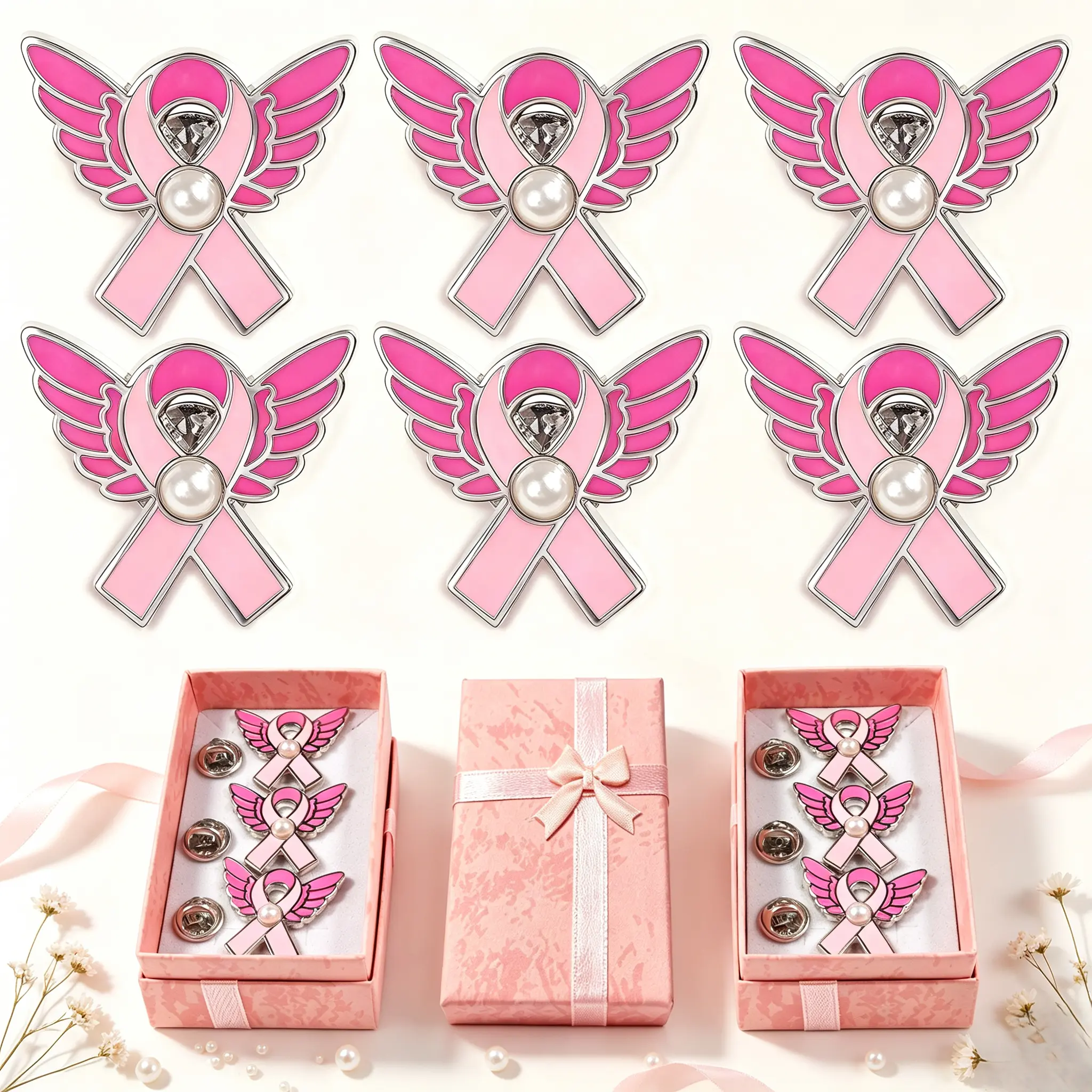 6PCS Pink Ribbon Angel Wing Brooch  with 2 Gift Boxes Enamel Crystal Pearl Lapel Pin Awareness Badge Clothing Decor Jewelry Gift for Women
