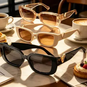 Retro V Logo Square Sunglasses for Women Men, Trendy Luxury Designer Style UV400 Protection Sun Glasses, Fashion Shades for Beach Vacation Streetwear