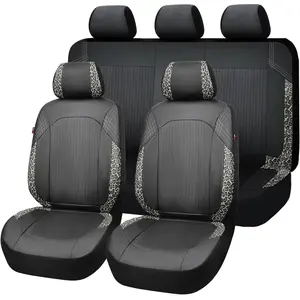 Synthetic Leather  seat Covers Full Set Front and Rear Bench Fashion Easy Installation Cup Holder Free (Black & Leopard Gray Print, Low Bucket - Full Set)