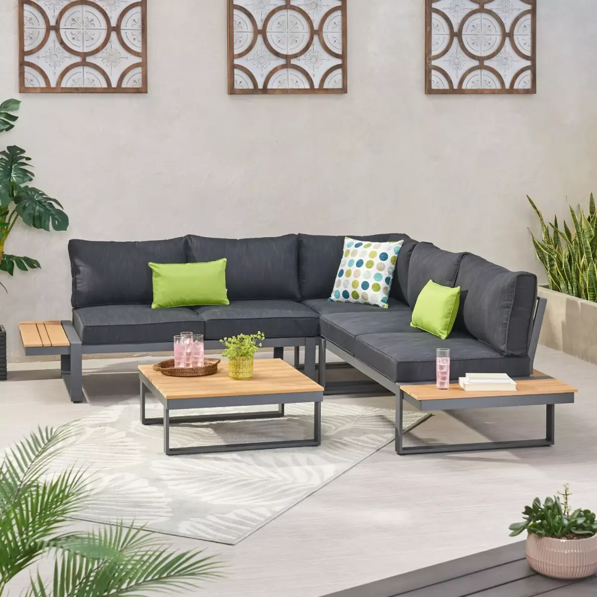 Industrial Heavy-Duty Waterproof Sterling V-Shaped 5-Seater Outdoor Aluminum Sectional Sofa Set with Cushions, Natural Grain Acacia Wood Accents, Modern Balcony Outdoor Seating Furniture