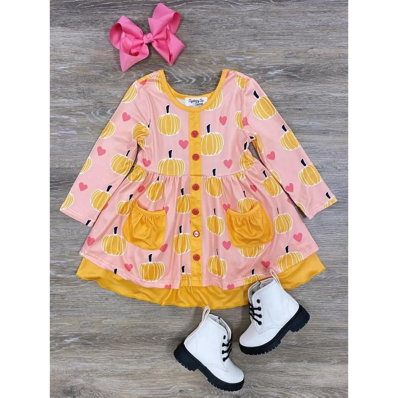 Pumpkin Love Pink & Orange Girls or Toddler Pink and Orange Ruffle Trim Long Sleeve Dress