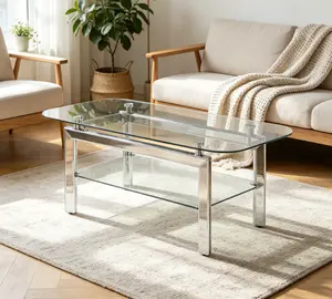 Silver Rectangular Tempered Glass Coffee Table - Living Room Indoor Furniture with Mirrored Stainless Steel Legs, Glass Tabletop, Lower Shelf, 20"D x 40"W x 18"H