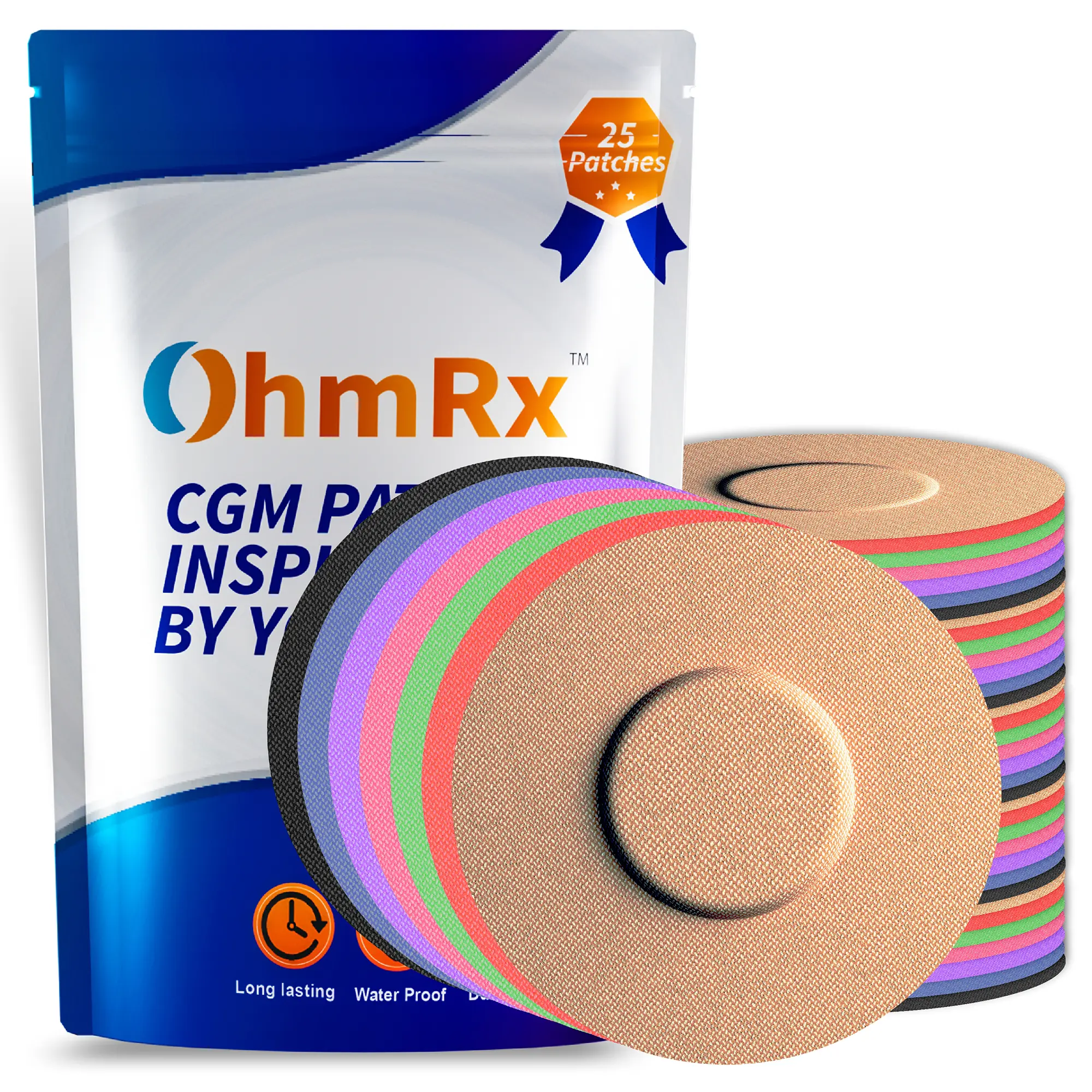 OhmRx Freestyle Libre 3 Waterproof Sensor Covers - Pack of 25 Multicolor Adhesive Patches