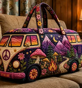 Boho Hippie Van Quilted DuffelBag for Women, Purple Mountain MushroomWeekender Travel Bag, Large CapacityOvernight Carry On Tote for Camping, RoadTrips, Gym, Vacation & Weekend Getaways