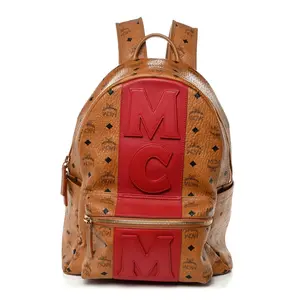 Pre-owned MCM Canvas Backpacks Visetos Medium Stark Logo Stripe Backpack Cognac Red