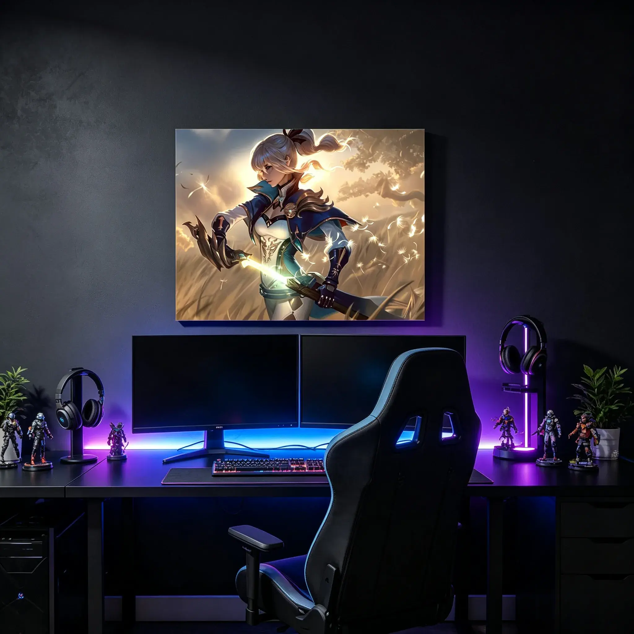 Genshin Impact Canvas Wall Art, Jean Gunnhildr Dandelion Knight Sword Field Sunset Anime Painting, Fantasy Game Poster Decor For Gaming Room Teen Bedroom Gamer Gift