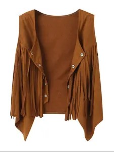 Bucktown Women's Winter Jacket, Fringe Imitation Velvet Front Open Vintage Sleeveless, 70s Hippie Bohemian Western Style Vest, Womenswear Fashion Aesthetic