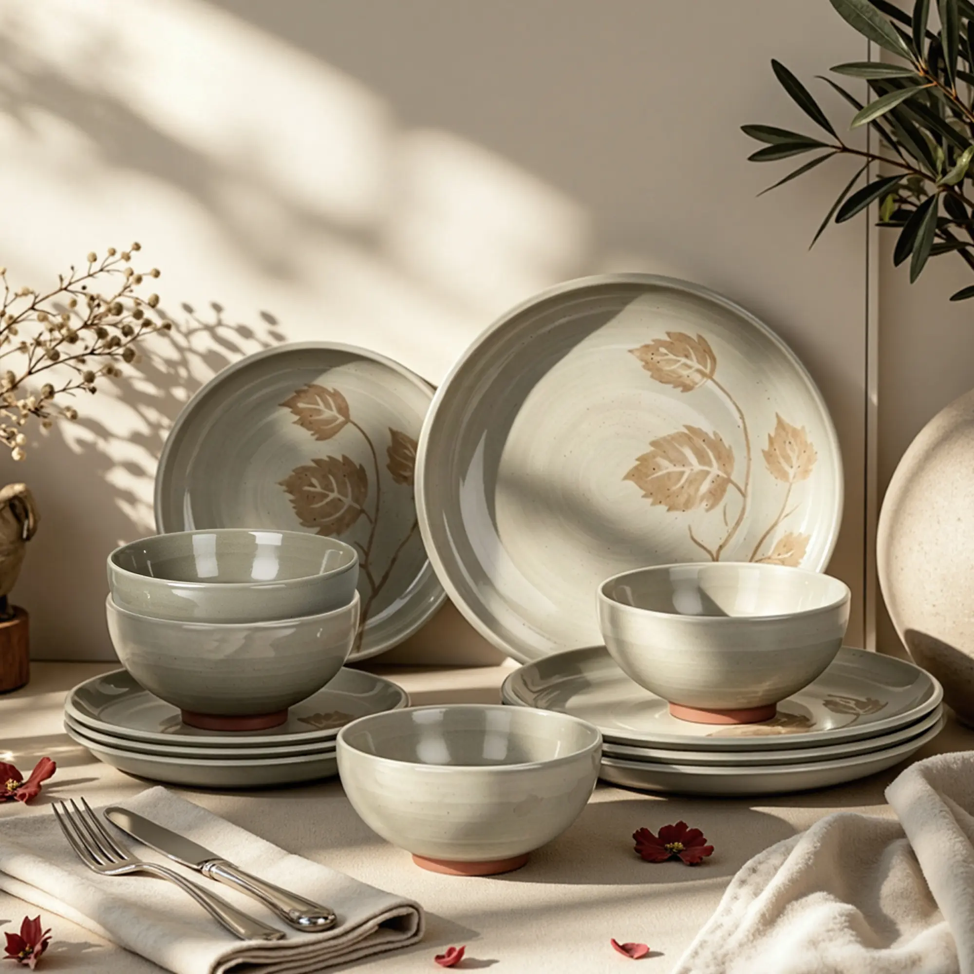 [Backtoschool] Kitchen Academy 12Pcs Boho Floral Leaf Stoneware Dinnerware Set for 4, Plates & Bowls, Microwave, Dishwasher & Oven Safe