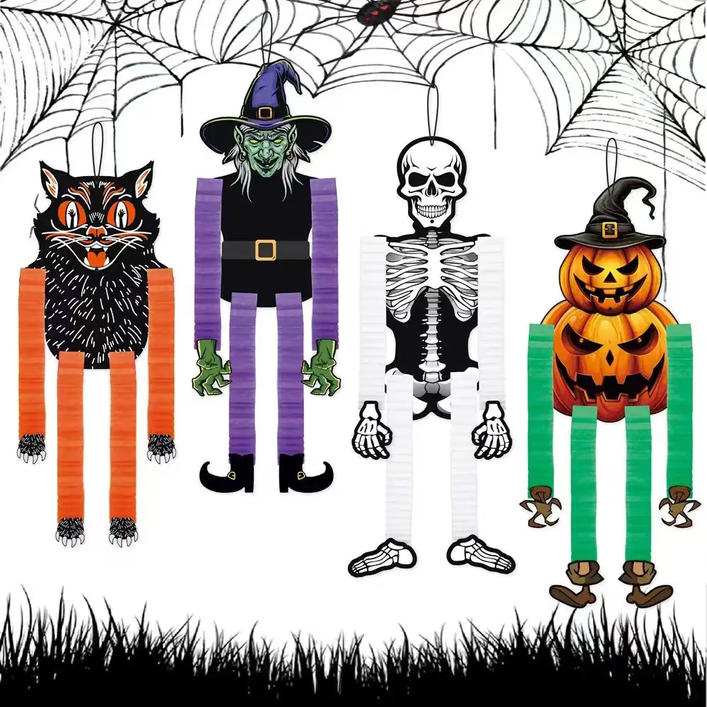 4PCS Halloween Hanging Decorations Set, Cute Witch Cat Skeleton Pumpkin Wall Decor, Spooky Halloween Party Supplies, Easy Hanging Indoor Outdoor Porch Decorations for Home Classroom Door Window,Cute Spooky Halloween Party Decoration Set