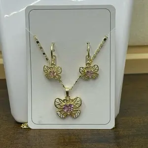 Butterfly Earrings & Necklace Set Gold Laminated with Pink Stone Accent