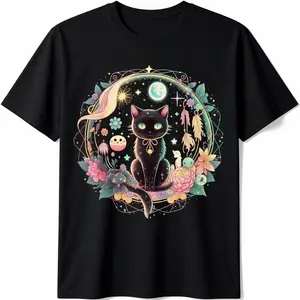[Kawaii Gothic T-Shirt] Cute Black Cat Kawaii Gothic Moon Phase Crystal Witch T-Shirt