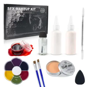 SFX Makeup Kit, Halloween Special Effects Makeup, 6 Colors Bruise Wound Face Body Paint + Scar Wax + Scar Oil + Liquid Latex + Fake Blood + Spatula + Stipple Sponge + Brush