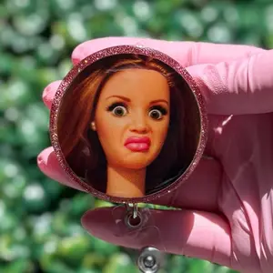 cringe face badge reel, pink glitter, meme badge reel, funny badge reel, healthcare badge reel, office badge reel