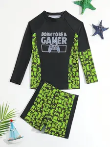 Cool Gaming Controller Print Kids Swimsuit, Block Design, Quick-Dry Separated Surf Suit, Casual Fitted One-Piece