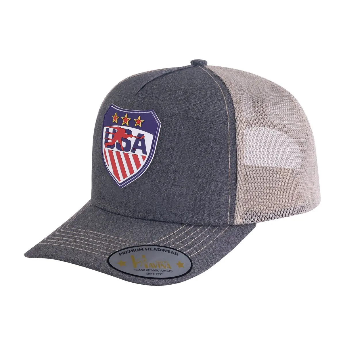 Embroidered Loving Hockey - 5 Panel Trucker Hat - Dark Grey/Khaki