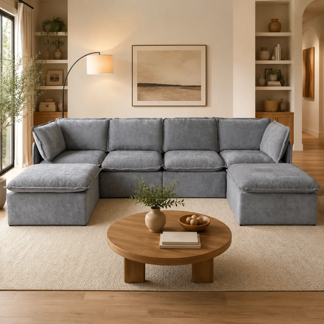 Modular Cloud Sofa, Faux Linen Sectional Couch with Removable Covers, Living Room 3-Seater & Ottoman Set