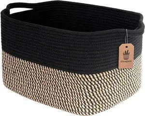 Cotton Woven Cubic Storage Bins - Towel, Book, Cloth, Shoes, Shelf Baskets for Office & Baby Laundry - 13''x10''x9'' - Black & Beige Design - Room Organiser Metal