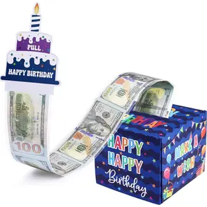 Birthday Money Box for Cash Gift Pull, Surprise Gift Boxes for Money, Money Holder Box with Pull Out Happy Birthday Card and 50Pcs Transparent Bags, Money Gift Ideas for Kids and Adults