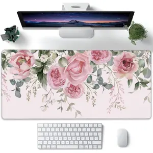XXL Mouse Pad, Pink Peony Flowers Eucalyptus Green Leaves Large Desk Mat for Desktop, Extended Large Gaming Mouse Pad Mouse Mat with Non-Slip Rubber Base Stitched Edges for Home Office 24"X14"