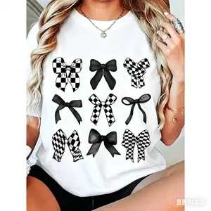 Large Size Women'S Clothing, Casual Bow Print T-shirt-Short Sleeve, Round Neck, Machine Wash, Summer Spring Fashion Tops, Spring Leisure T-shirt |     round Neck T-shirt