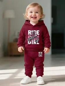 Baby Girls' Casual Fashion Two-Piece Set, Hooded Sweatshirt with Cartoon Motorcycle Letter Print, Perfect Gift for Babies
