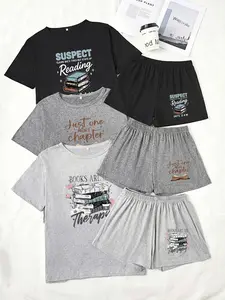 Three-Piece Pajama Set for Women, Short Sleeve and Shorts, Letter Book Print, Casual Loose-Fitting Sleepwear, Comfortable Nightwear, Relaxed Fit Loungewear Pjs Set, Pajamas Lounge Set, Loose Lounge Clothes