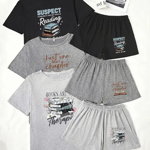 Women's 3-Piece Pajama Set, Short Sleeve Top and Shorts, Letter & Book Print, Casual Loose-Fit Sleepwear, Comfortable Loungewear Pjs Set, Casual Pyjama Set