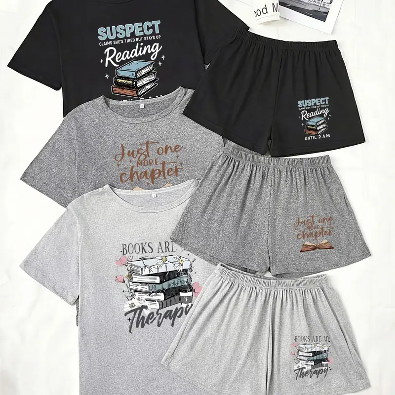 Women's 3-Piece Pajama Set, Short Sleeve Top and Shorts, Letter & Book Print, Casual Loose-Fit Sleepwear, Comfortable Loungewear Pjs Set, Casual Pyjama Set