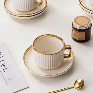 Vintage Gold Edge Ceramic Coffee Cup Set with Spoon, Luxurious Afternoon Tea Latte Cup and Saucer, Perfect for Weddings and Gifts