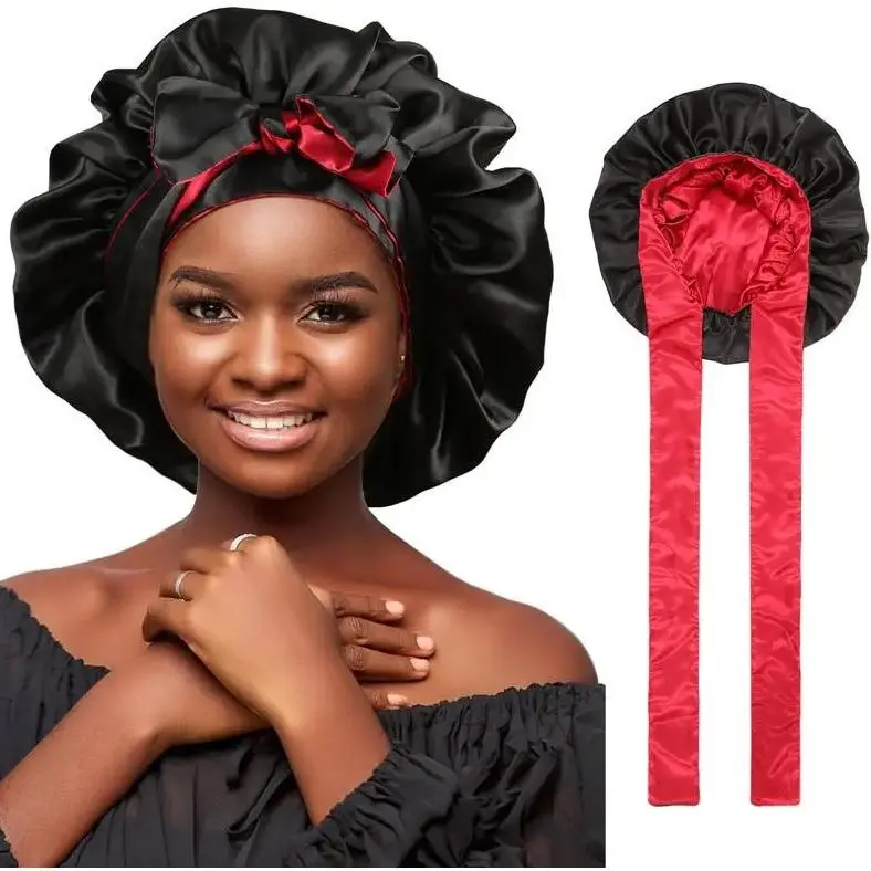 Reversible Double-Layer Satin Bonnet for Adults, Long Style with Adjustable Tie Band, Anti-Friction for Sleep & Daily Use, Bathroom Accessory, Hair Cap