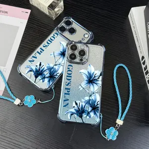 Elegant Blue Floral God's Plan Case For iPhone Samsung Galaxy 17Pro Max Air 16 15Plus 14 13 12 11 XR XS S25 S24 S23 S22 Sparkly Glitter Inlay Electroplated Corner Protection With Portable Strap Accessory NN124